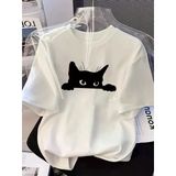 Kadınlar İçin Siyah Kedi Grafik Tişört - Oversize Kısa Kollu Üst Nefes Alabilir - Beyaz