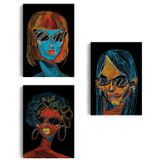 Kadınlar Temalı Renkli Pop Art 3'lü Set Dekoratif Kanvas Tablo, Duvar Dekoru EU120