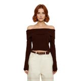 Kadınlara Özel Basic Fitted Kesim Uzun Kollu Crop Akrilik Triko Carmen Yaka Kazak Kaliteli -Kahverengi-S