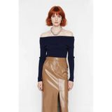 Kadınlara Özel Basic Fitted Kesim Uzun Kollu Crop Akrilik Triko Carmen Yaka Kazak Kaliteli -Lacivert-S