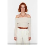 Kadınlara Özel Basic Fitted Kesim Uzun Kollu Crop Akrilik Triko Carmen Yaka Kazak Kaliteli -Taş-XS