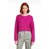 Kadınlara Özel Düşük Kollu Oversize Basic Super Crop Akrilik Kışlık Triko Kazak Şık ve Rahat -Fuşya-L