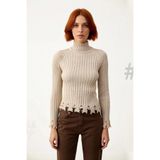 Kadınlara Özel Fitted Kesimli Crop Dik Yaka Uzun Kollu Fitilli Triko Kazak Günlük Stil İçin -Taş-M