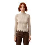 Kadınlara Özel Fitted Kesimli Crop Dik Yaka Uzun Kollu Fitilli Triko Kazak Günlük Stil İçin -Taş-S