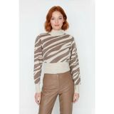 Kadınlara Özel Pembe Zebra Desenli Dik Yaka Uzun Kollu Crop Triko Kazak Kış Şıklığı İçin Kaliteli