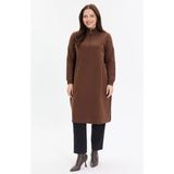 Kado Moda Dik Yaka İki İplik Fermuarlı Tunik - Kahverengi - 52