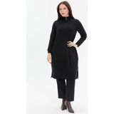 Kado Moda Dik Yaka İki İplik Fermuarlı Tunik - Siyah - 48