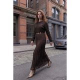 Kado Moda Kado Online Ince Tensel Kumaş Büzgü Dokulu Kemer Detaylı Uzun Elbise - Kahverengi - 10
