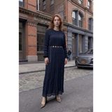 Kado Moda Kado Online Ince Tensel Kumaş Büzgü Dokulu Kemer Detaylı Uzun Elbise - Lacivert - 10