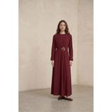 Kado Moda Kado Online Modal Tensel Kumaş Drapeli Kemer Detaylı Tokalı Uzun Elbise Kadın - Bordo - 40