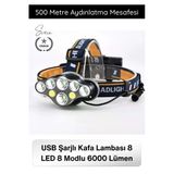 #Kafalambası Usb Şarjlı Kafa Lambası 8 Led 8 Modlu 6000 Lümen Su Geçirmez Profesyonel Kafa Feneri Cob T6 Xpe Sensörsüz K