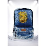 Kaff Fermuarlı Ön Cepli Design Unisex Vintage Denim Sırt Çantası -Moonkot - Mavi