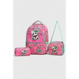 KAFF Pembe Kedi Desenli Çanta Beslenme Kalemlik Kız Çocuk 3'lü Set İlkokul Çantası -25301