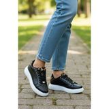 KAFKASLAR AYAKKABI Düz Kalın Ortopedik Taban Leopar Desen Kadın Sneaker Spor Ayakkabı - Siyah - Beyaz