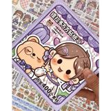 Kağıt Gemi Dükkan Sevimli Kız ve Ayı Mor Kutu 12 Yaprak Sticker 4 Yaprak Desenli Kağıt/Etiket/Çıkartma/Defter Süsleme Bullet Journal ScrapBook