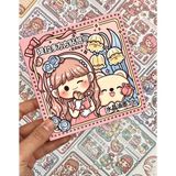 Kağıt Gemi Dükkan Sevimli Kız ve Ayı Pembe Kutu 12 Adet Yaprak Sticker 2 Yaprak Desenli Kağıt Etiket/Bullet Journal Scrapbook/Etiket/Çıkartma