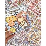 Kağıt Gemi Dükkan Sevimli Kız ve Tavşan Mavi Kutu 12 Yaprak Sticker 2 Yaprak Desenli Kağıt/Defter Süsleme Bullet Journal Scrapbook/Etiket/Çıkartma