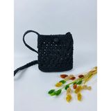 Kağıt Ip Hasır Askılı Örgü Omuz Çantası - Telefon Çantası En 18cm Boy 19 Cm Askı 135 Cm - Siyah