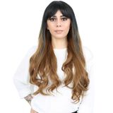 Kahküllü Uzun Dalgalı Fiber Sentetik Peruk - Siyah - Karamel Ombreli