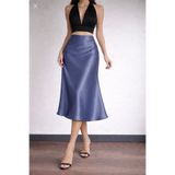 Kahra Collection İndigo Mavi Midi Boy Dökümlü Saten Etek