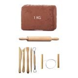 Kahve Çamur Kırmızı Kil Seramik Hamuru 1 Kg Ebeşuar Seti Ahşap Merdane Seramik Çamur Kesme Teli