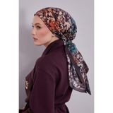 Kahve Çiçekli Soyut Desen Twill İpek Eşarp