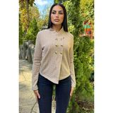 Kahve & Ekru Ekose Desen, Gold Düğmeli Dik Yaka Örme Triko Ceket - 42 - Bej