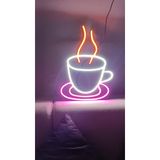 Kahve Fincanı Neon Işıklı Duvar Dekor Tabelası, Çok Renkli | Cafe Dekorasyonu, LED Neon Işık, Duvar Montajlı, Pembe ve Turuncu, Gece Lambası