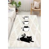 Kahve Fincanı Ve Kedi Temalı Dijital Baskılı Yıkanabilir Kaymaz Taban Halı 50 X 60 Cm Bej