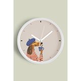 Kahve İçen Fransız Tarzı Köpek İllüstrasyonu Modern Duvar Saati - 35cm - Önü Camlı Beyaz Kasa, JH0650S35BKP