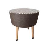 Kahve Keten Örme Kaz Ayağı Desenli Puf Koltuk Tabure – 38x43 cm | Ahşap Gürgen Ayaklı, Modern Stil