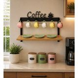 Kahve Köşesi Standı / Coffee Yazılı Tek Raflı Organizer - Siyah - Safir Meşe