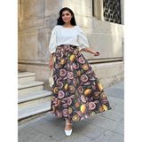 Kahve Limon Desenli Kloş Balon Etek - Kahverengi - Sarı - L - XL
