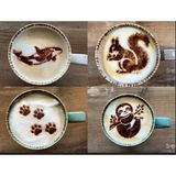 Kahve Şablonları Seti, Latte Art Desenli Cappuccino Süsleme Şablonları, Hayvan Figürlü Kahve Dekorasyon Araçları, Döner Standlı Çok Desenli Barista Aksesuarı