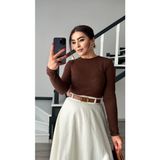 Kahve Sıfır Yaka Yarı Transparan Bluz