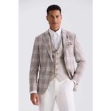 Kahve Slim Fit Mono Yaka Kareli Kombinli Yelekli Takım Elbise
