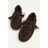 Kahve Süet Boncuk Detaylı Bağcıklı Kadın Loafer Ayakkabı
