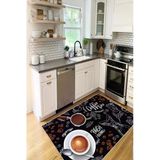 Kahve Temalı Siyah Desenli Baskılı Kaymaz Yıkanabilir Mutfak Halısı Yolluk 50 X 60 Cm Siyah