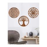 Kahverengi Ahşap Yaşam Çiçeği Sriyantra Ve Torus 3 Lü Set Duvar Tablo