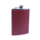 Kahverengi Deri Kaplama Paslanmaz Çelik Cep Matarası - Hip Flask 9 OZ (Gümüş)