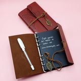 Kahverengi Deri Siyah Yapraklı Defter ve Beyaz Jel Kalem Seti