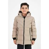 Kahverengi Erkek Çocuk Sabit Kapüşonlu Şişme Deri Karışımlı Kumaş Mont&Kaban