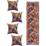 Kahverengi Etnik Vintage Desenli 4'lü Kırlent Kılıfı 1 Runner Seti 4KMBS229-RS-01 - 43 x 43 cm - Renkli