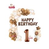 Kahverengi Happy Birthday 1 Yaş Folyo Balon Krem Beyaz Kahverengi Konsept Doğum Günü Parti Seti