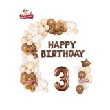 Kahverengi Happy Birthday 3 Yaş Folyo Balon Krem Beyaz Kahverengi Konsept Doğum Günü Parti Seti