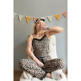 Kahverengi Leopar Desenli Dantelli İp Askılı Kadın Pijama Takımı Pijama Evi