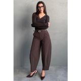Kahverengi Modern Kesim Kemerli Yüksek Bel Bol Paça Kumaş Pantolon MG2618