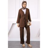 Kahverengi Ön Bağlamalı Bürümcük Kimono Pantolonlu Takım