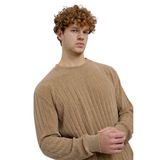Kahverengi Oversize Bisiklet Yaka Erkek Triko Kazak, Uzun Kollu, Yumuşak Örgü Doku