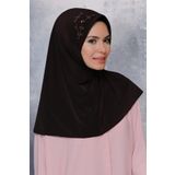 Kahverengi Pratik Hazır Geçmeli Tesettür Eşarp Sandy Kumaş Elişi Çiçek İşlemeli Pullu 1604_14